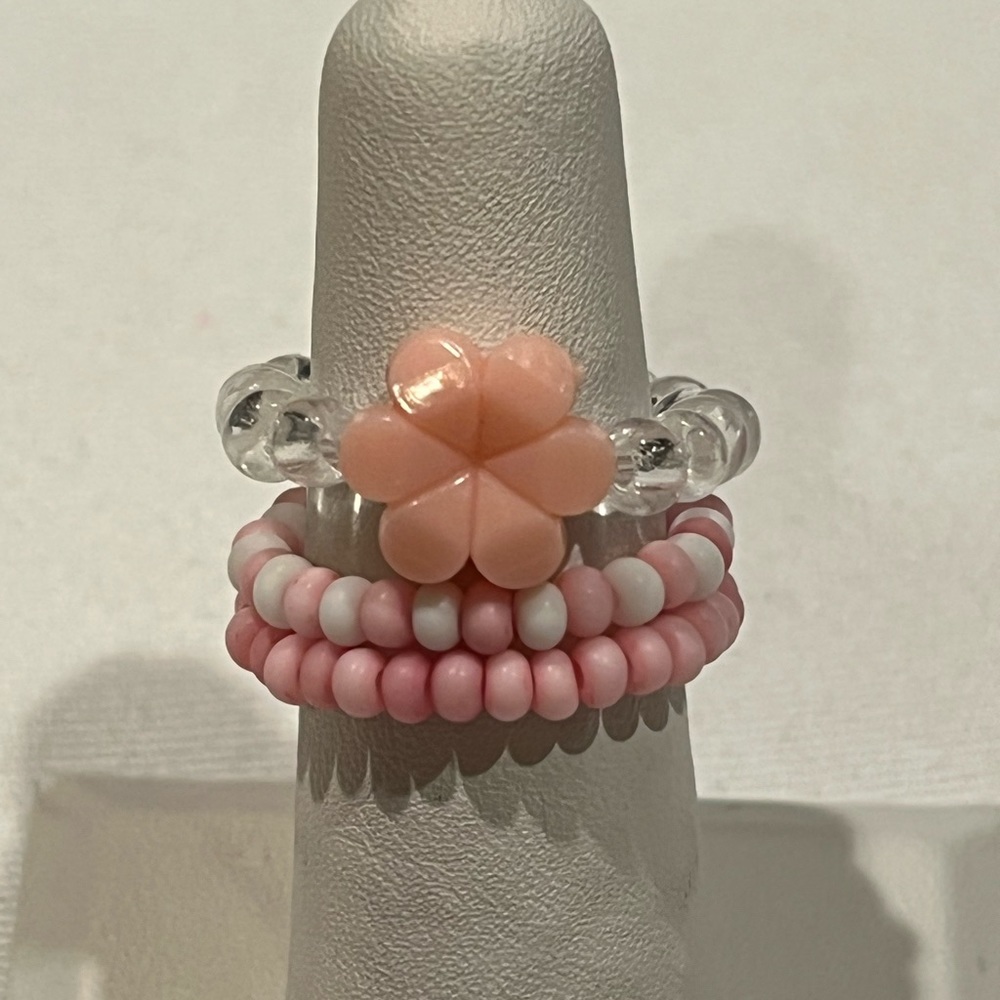Handmade Peach Flower Beaded Ring Set, Stretchy